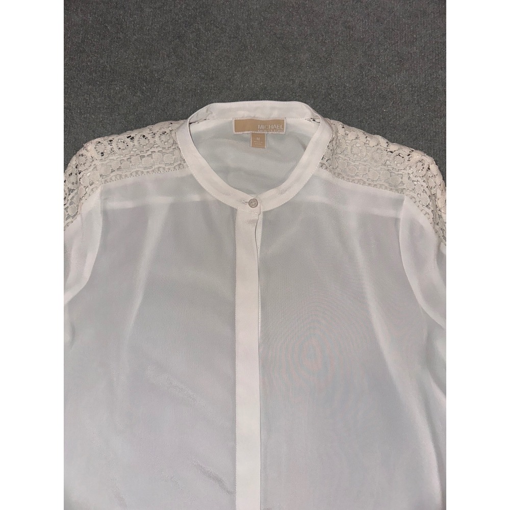 Michael Michael Kors White Lace Sleeve Mandarin Collar Button Down Blouse Size M